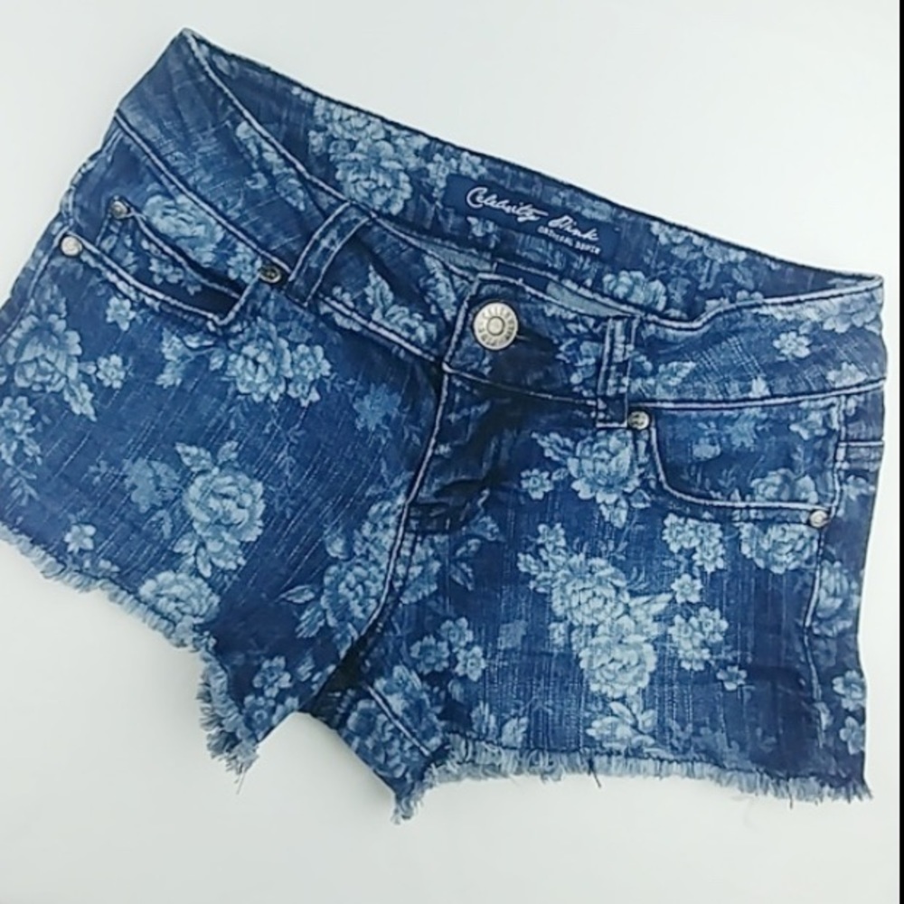 Celebrity Pink low rise printed floral denim frayed jean short shorts, EUC